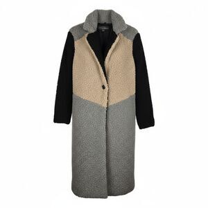 Forever Audrey Teddy Faux Fur Trench Coat Sz S Color Block Tan Gray Black